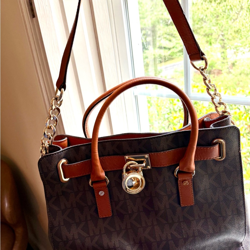 Michael Kors Brown and Tan MK Logo Satchel with Gold Accent